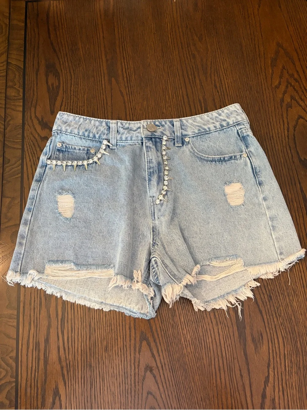 Light Wash Distressed Denim Shorts with Rhinestone Accent